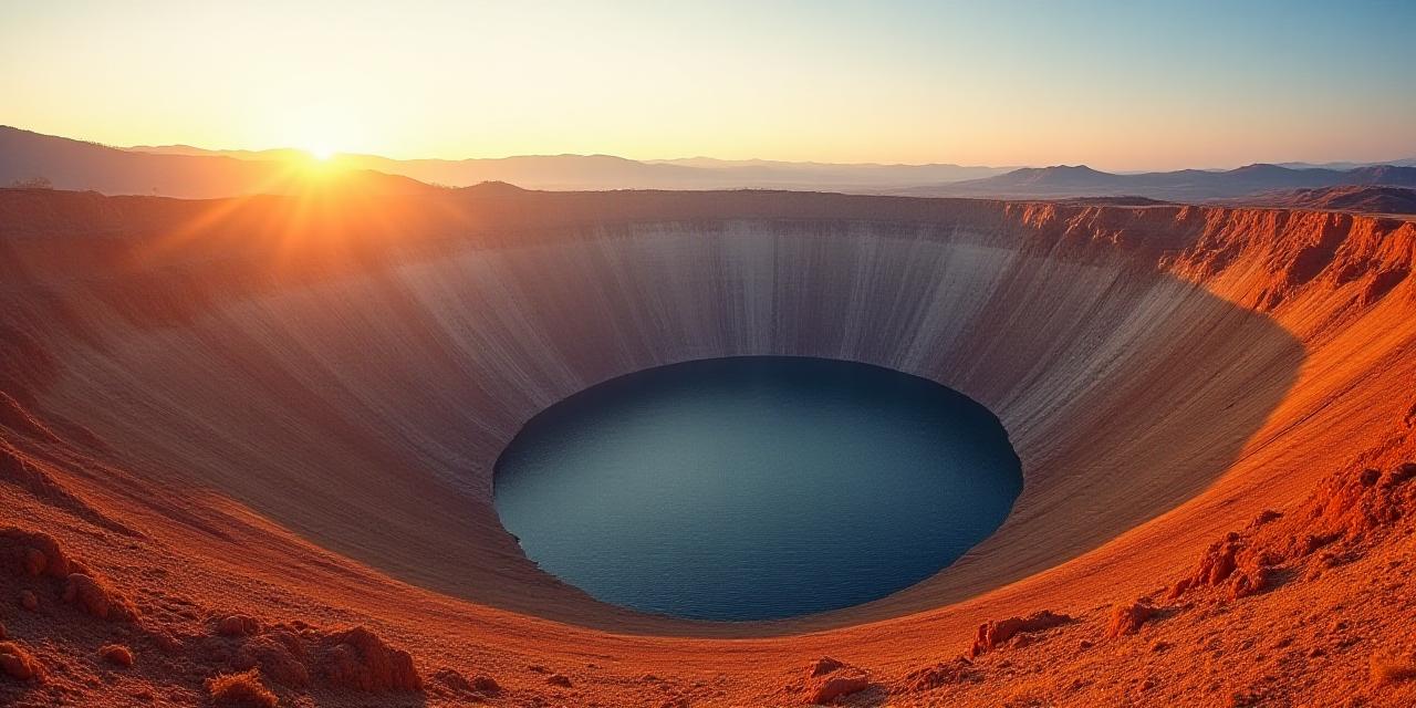 Panoramic view of an open-pit mineral mine with sunset light