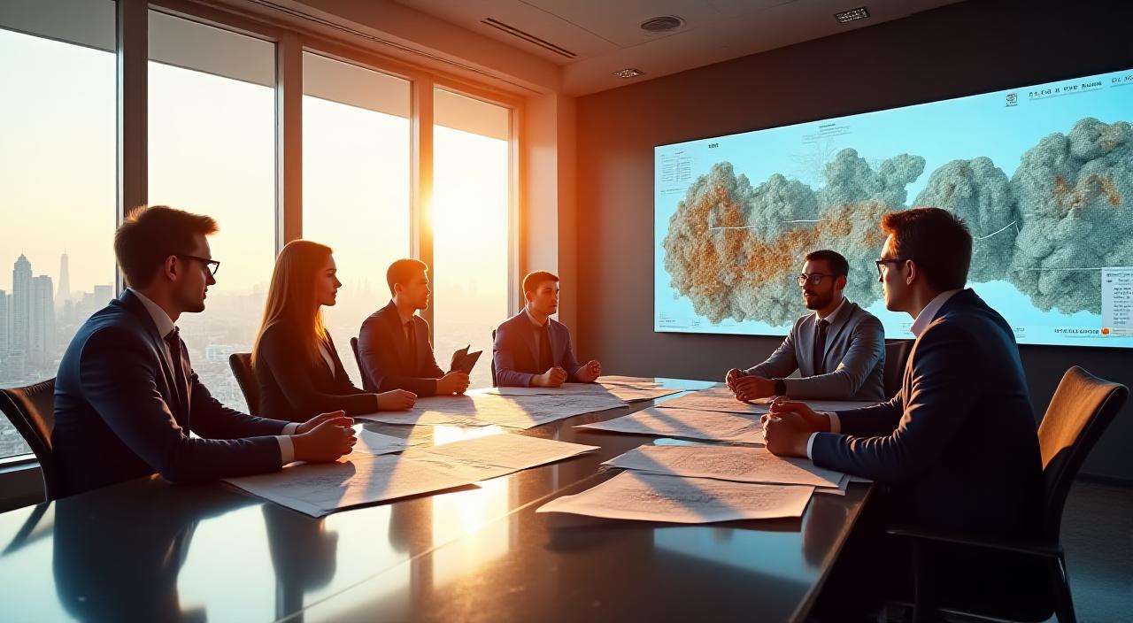 Team of mineral analysts examining geological maps in a modern warm office